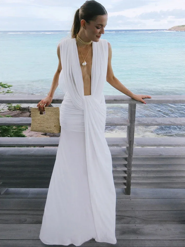 

BluWin Ruched Elegant Dress Women Sexy Deep V-Neck Sleeveless High Elasticity Wrap Buttocks Beach Party Solid Long Bodycon