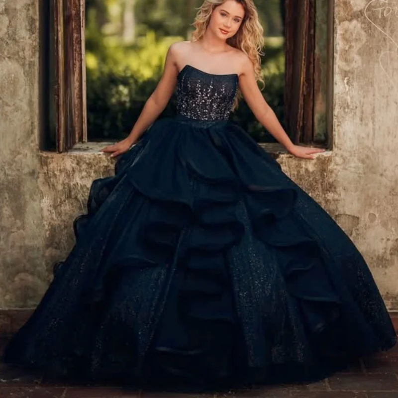 

Shiny Black Quinceanera Dress off-shoulder Glitter Decal Lace layering Long tail Vestidos De 15 Quinceanera ﻿Customize