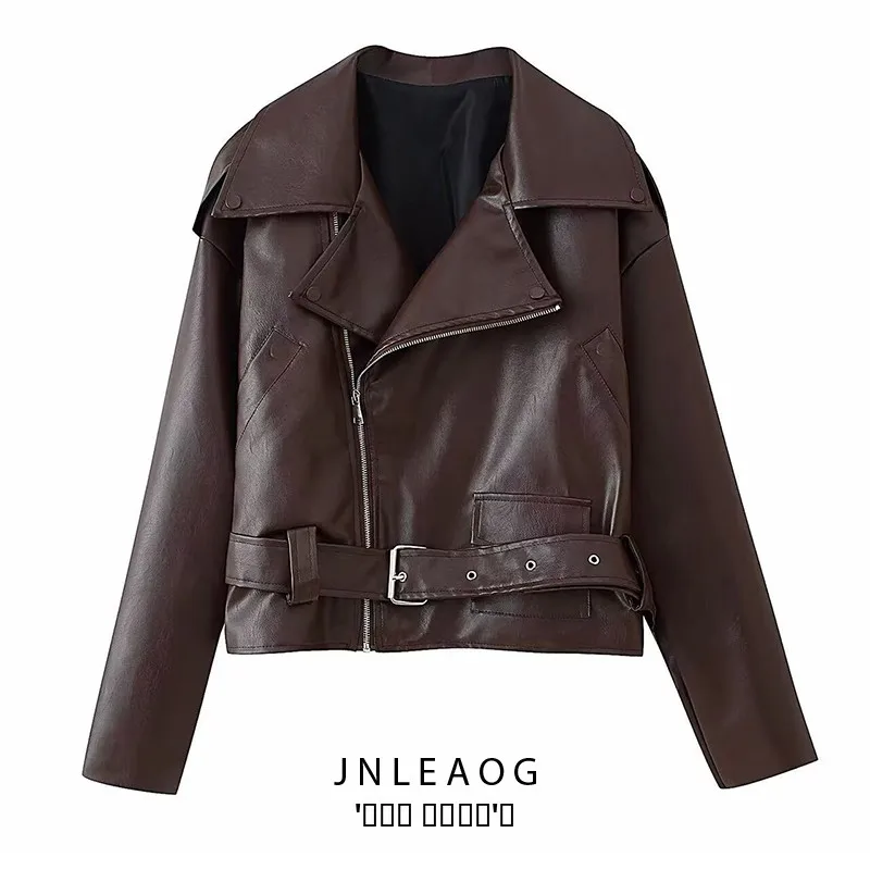 Faionable ort Leather Jaet المرأة الخريف جديد Sle مربوط فضفاض صالح تنوعا ملابس خارجية تخفيف Sle طويل Sve سستة