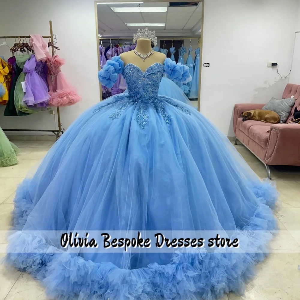 Robe Quinceanera bleue à manches courtes, avec des appliques de perles, avec traîne froncée, robe de bal de mariage mexicain, personnalisée
