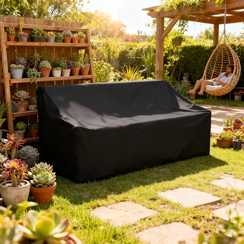 Outdoor Double-Seater or Three-Seater Sofa Dust Cover, with Pull-Out Rope at the Bottom, Providing Protection Against Sun and Du
