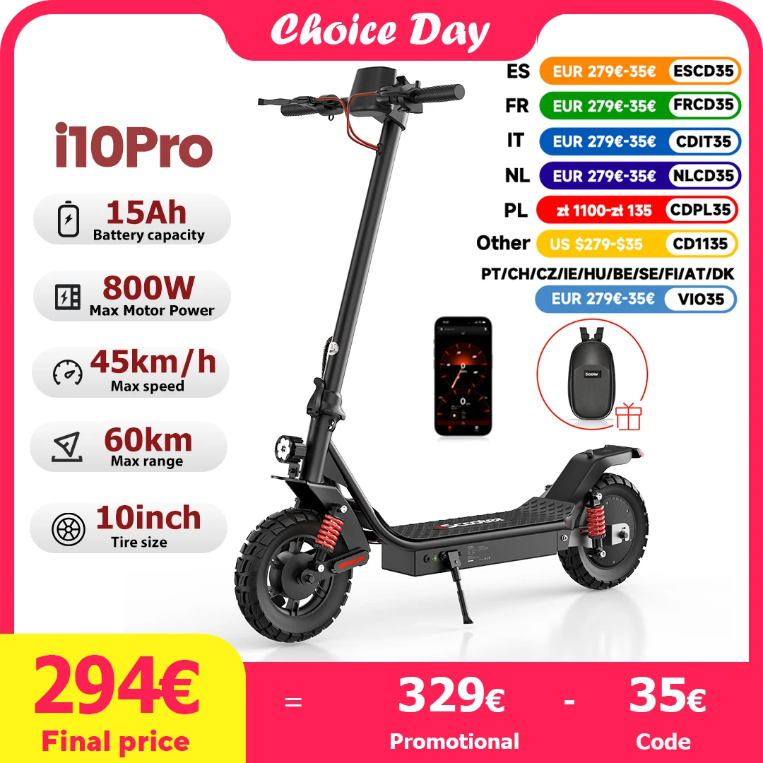 iscooter i10pro Electric Scooter 10 Inch Tire 800W 48V 15Ah Foldable eScooter Max speed 45km/h Range 60KM Kick Scooter With App