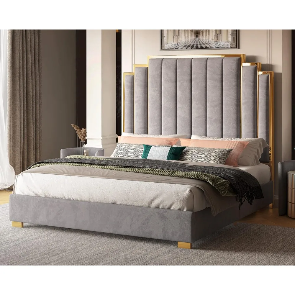 

King Bed Frame, 65" Velvet Upholstered Bed with Gold Trim Headboard/Wooden Slats/No Box Spring Needed,Bedroom Beds Frames