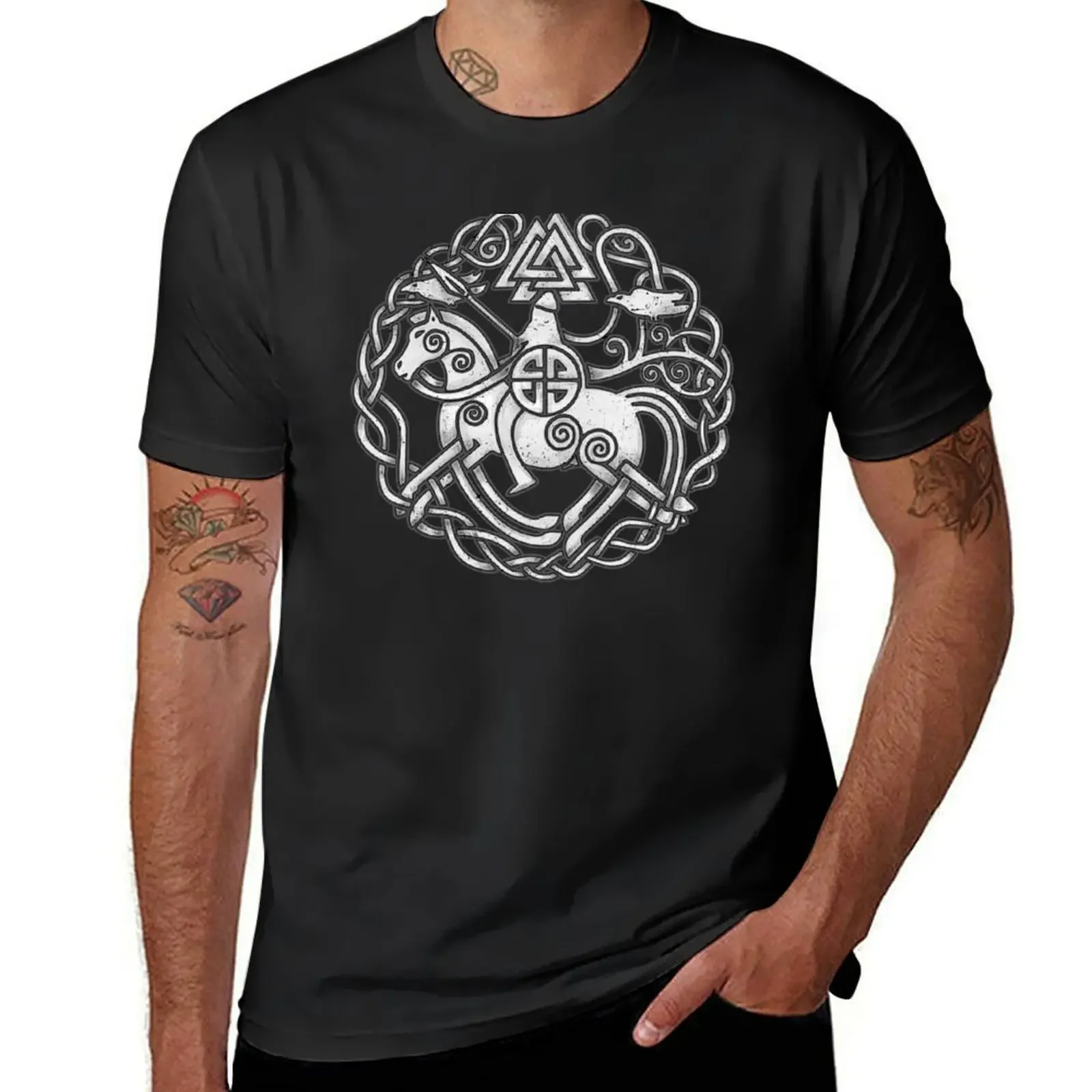 Odin on Horse Sleipnir with Ravens Triquetra Knots Norse Mythology Original Stone Engraving Texture Black Background HD T-Shirt