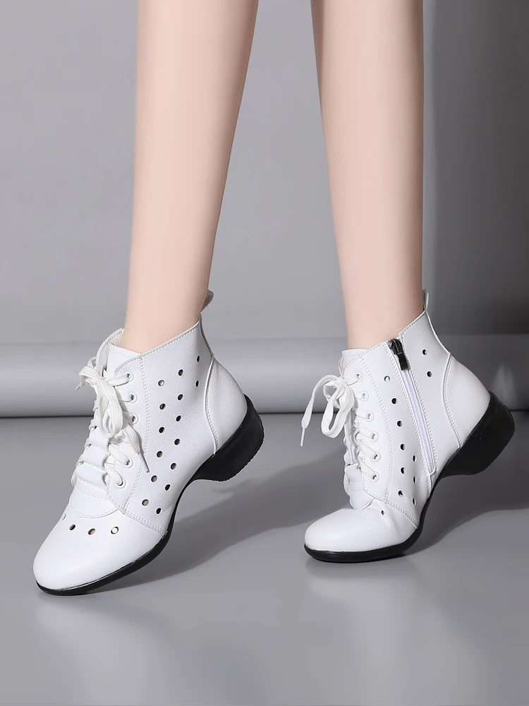 

White Genuine Leather Modern Dance oes Women's Soft Bot Summer Outdoor Wear Breathable Hollow out Square Dancing oes