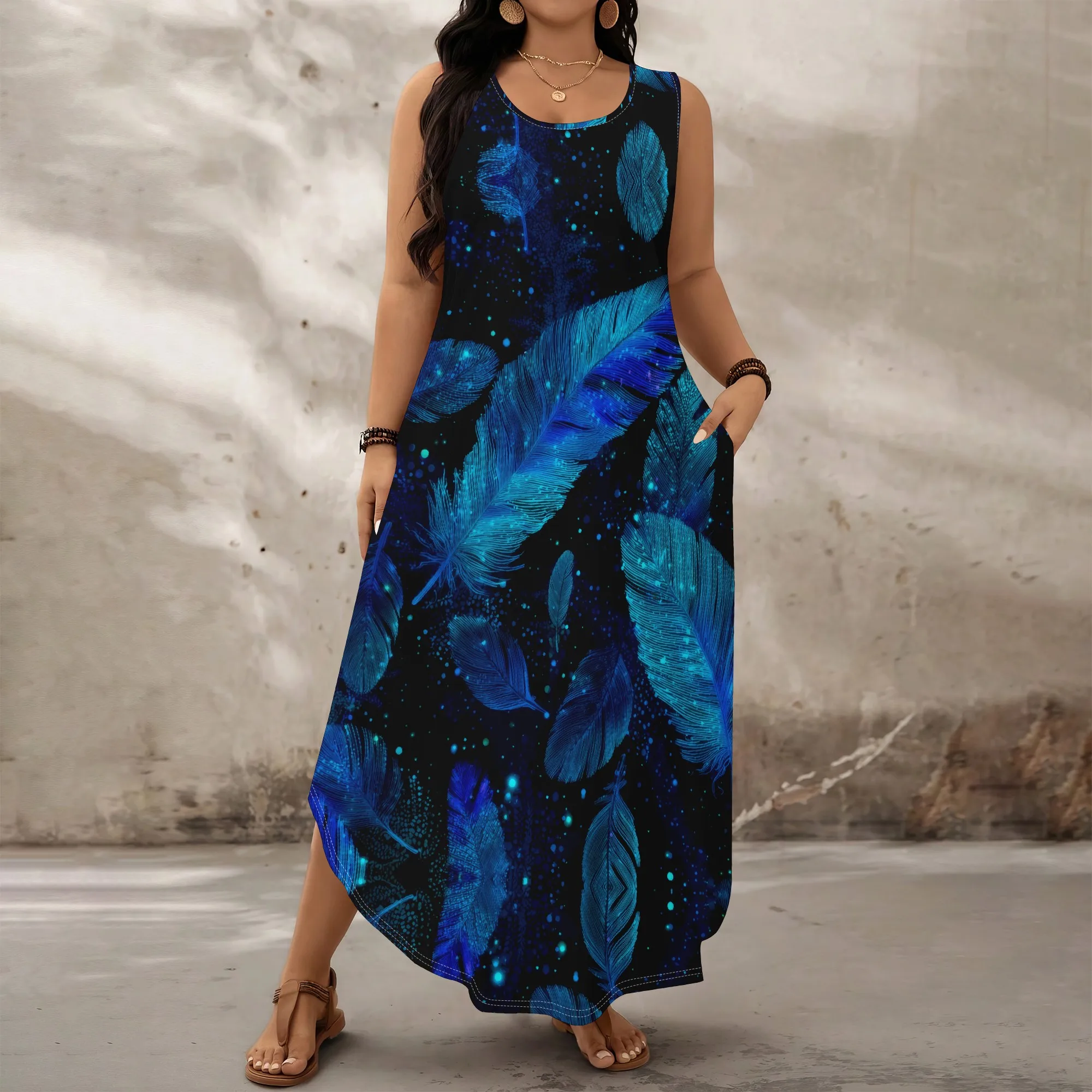 

Plus Size Women's Sleeveless Maxi Dress with Pockets XL-6XL, Boho Feather Print Irregular Hem Casual Beach Vacation Dress