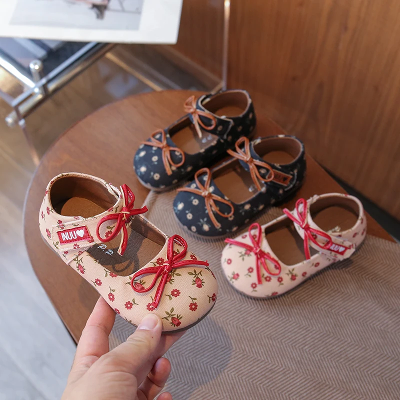 

Toddler Girls Mary Jane Flats Fabric Floral Print Bowknot Tie Strap Multiple Colors Casual Daily Footwear Kids Shoes for Girl