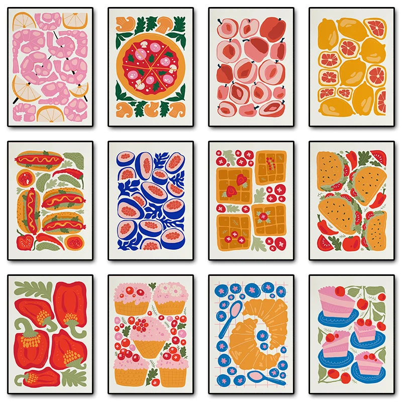 Hot Dog Hamburger Pizza Kuchen Essen Abstraktes Poster Druck Diamantmalerei Wandkunst Bild Küche Esszimmer Ästhetik Dekor