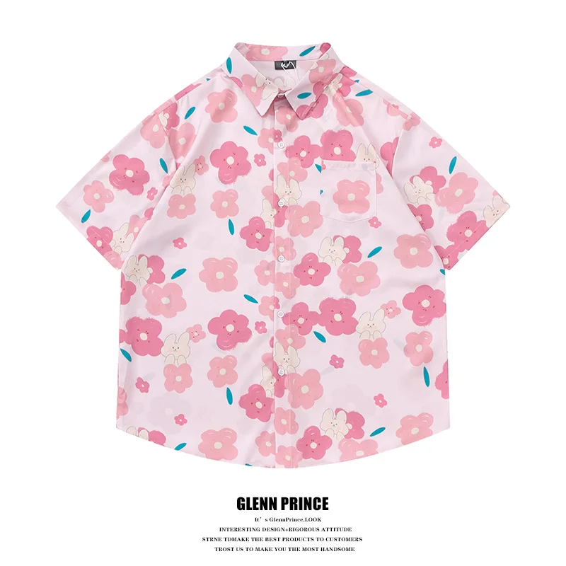 

Chic Rabbit Flower Print Short Sleeve Men's Shirt Summer Elegant Couple's Shirt Loose Fit Polyester Fiber No Iron Treatment