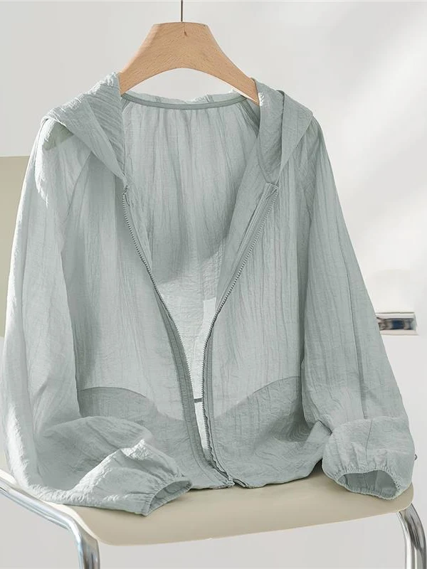 Oule Lightweight Silk Casual Breathable Women's Jacket Spring Summer New Style Sporty Top Zipper Closure Hooded Regular Sleeve
