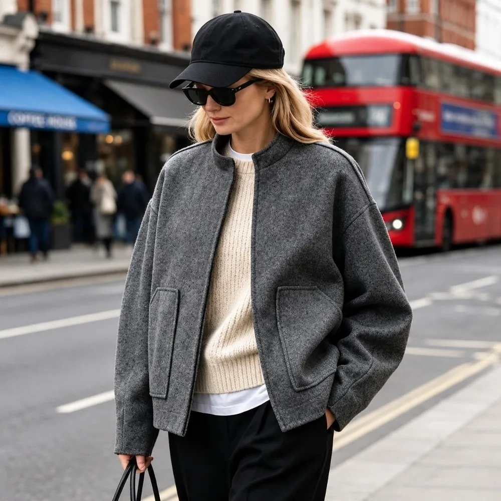 Grey Women Wool Bomber Jacket Loose Fit Thick Fabric Wool Casual Outerwear Patch Pocket Stand Collar Women Wool Flight Coat