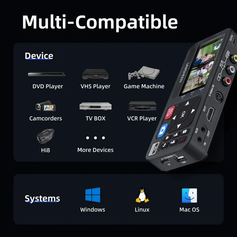 UNISHEEN Portable MP4 Video Audio Converter With Remote Control Capture CVBS/S-Video Retro Gaming Hi8 Recorder