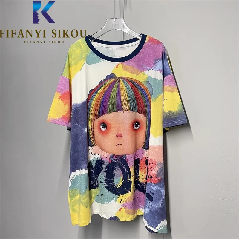 

Cartoon Print T-Shirt Women Streetwear Summer O-Neck Short Sleeve Tees Harajuku Fashion Tie Dye T Shirt Loose Tops Female
