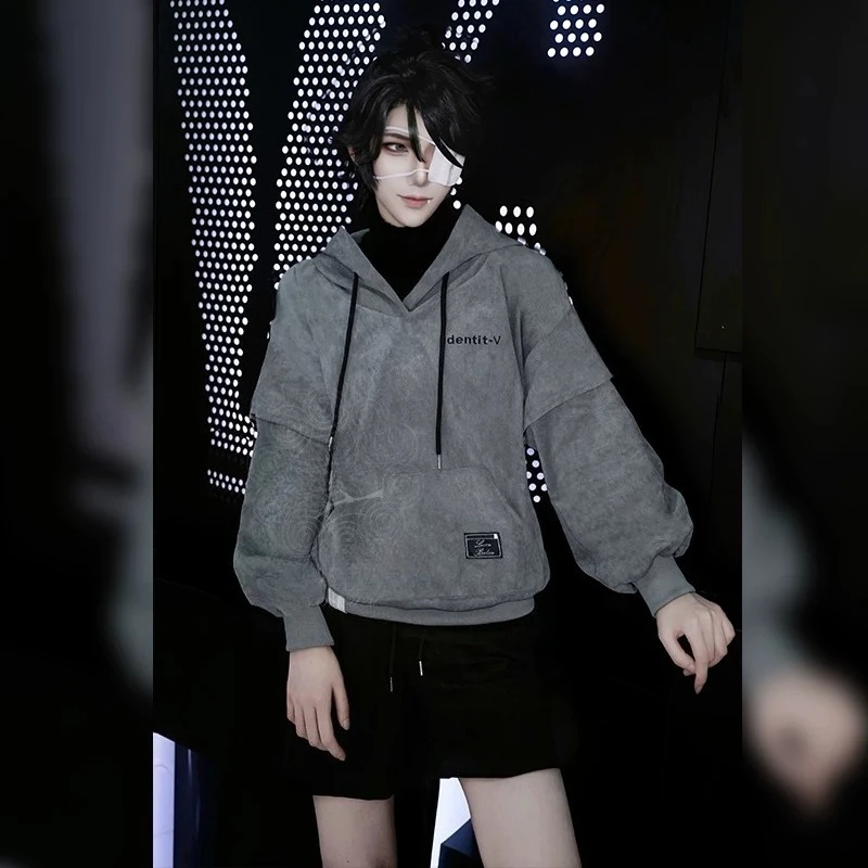 Disfraz de Luca Balsa para el juego Identity V, Cosplay de Prisionero, Sudadera con Capucha Gris, Pantalones Cortos Negros, Peluca, Conjunto Completo para Hombres, Fiesta