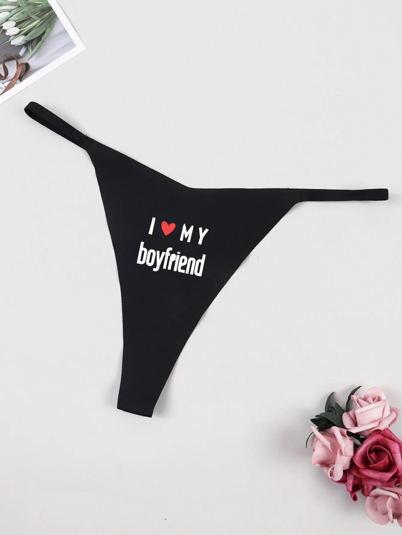 Varsbaby Cheeky G-string Underwear with I love my boy friend Print Panties for Women Playful Thong Seamless T-back Bikini