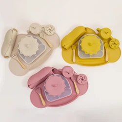 Soft Silicone Baby Feeding Set, Waterproof Bib, Cartoon Shape, Sucker Bowl, Prato, Copa, Colher, Garfo, Pratos infantis, BPA Free