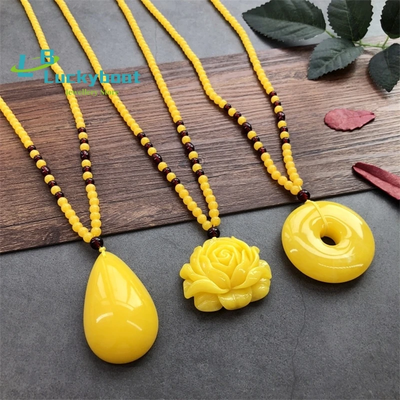 Retro Ethnic Imitation Beeswax Necklace Water Drop Jade Buckle Amber Pendant Long Sweater Chain Pendant Female Wild Jewelry