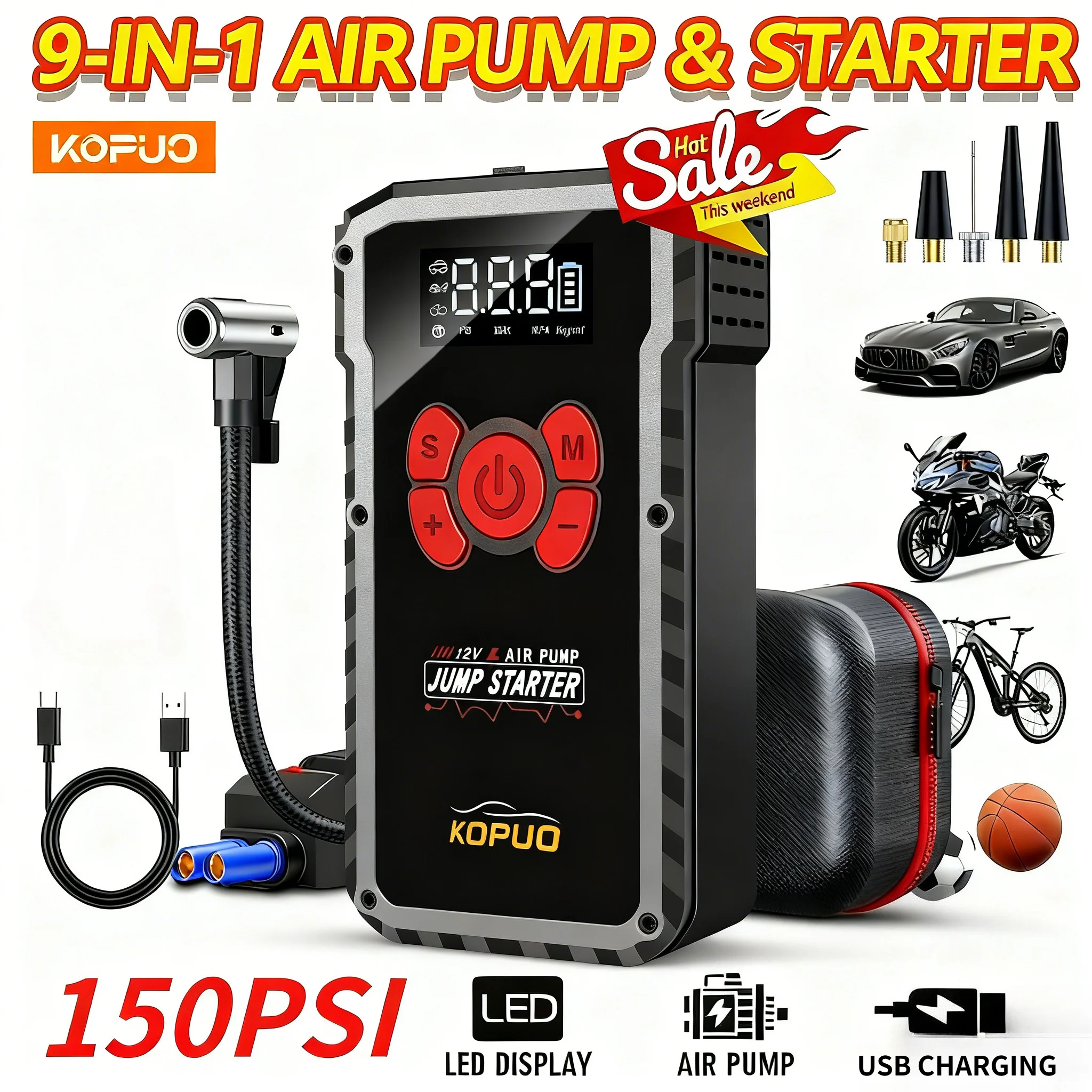 

2000A Car Jump Starter Power Bank with 150PSI Air Pump, Portable Car Battery Booster Charger