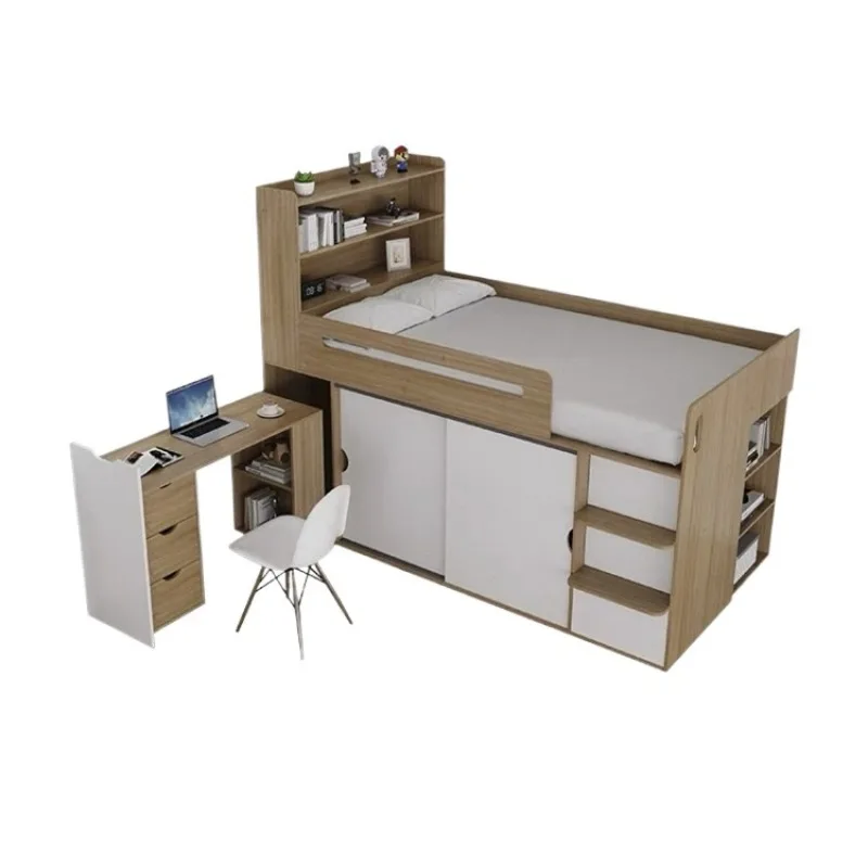 Small apartment half-height bed wardrobe integrated multi-function with guardrail bed desk storage cabinet