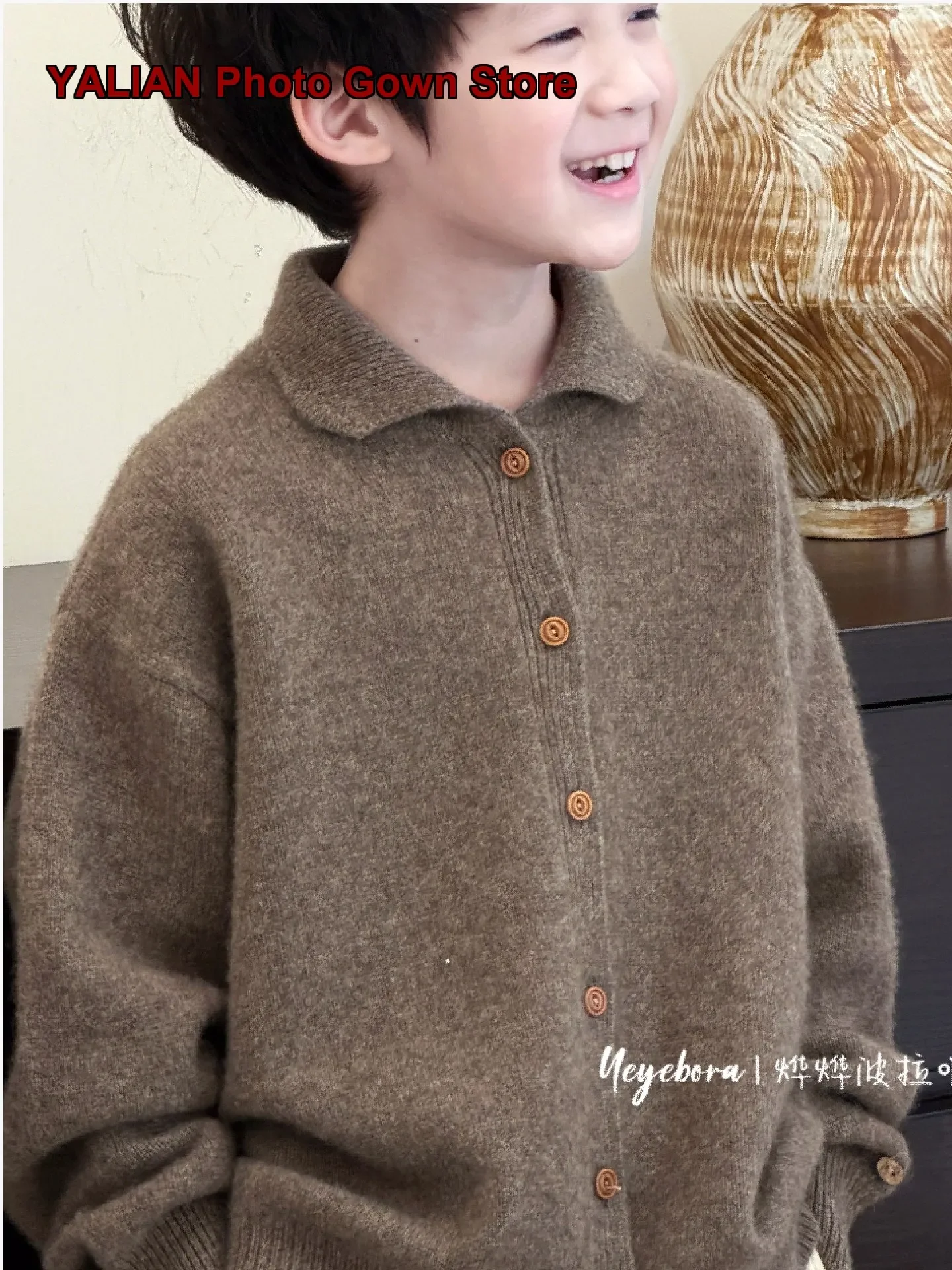 Boys Spring 2026 Knit Cardigan Little Kids V-Neck Fold Collar Stylish Knit Top