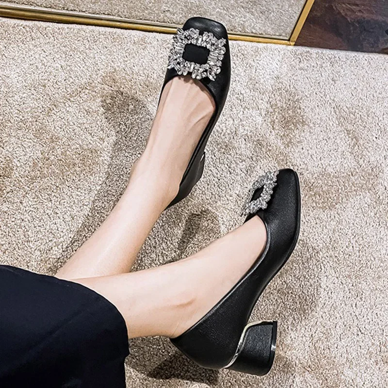 2024 New Women 5cm High Heels Elegant Party Pumps Female Bling Crystal Square Buckle Square Toe High Heels Lady Barefoot Shoes