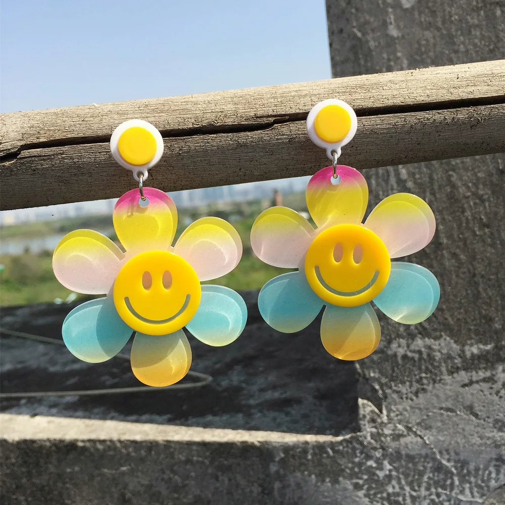 

Fashion Colorful Sunbflower Acrylic Drop Earrings for Women Leopard smiling face Pendant Earring Creative Decoration Jewelry