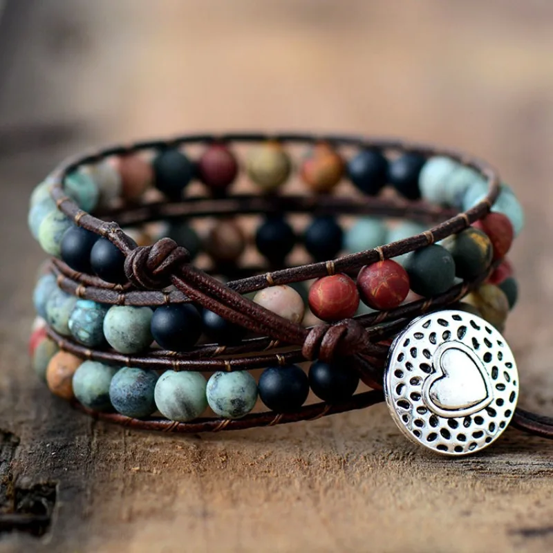 Hot Selling Handmade Natural Stone 6mm Frosted Beads 3 Layers Leather Wrap Bracelet for Women Girls