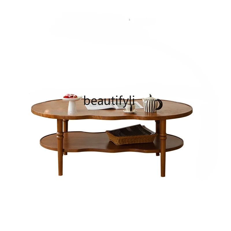 

French Retro Cherrywood Solid Wood Double-Layer Coffee Table Small Apartment Simple Oval Tea Table Petal-Shaped Coffee Table