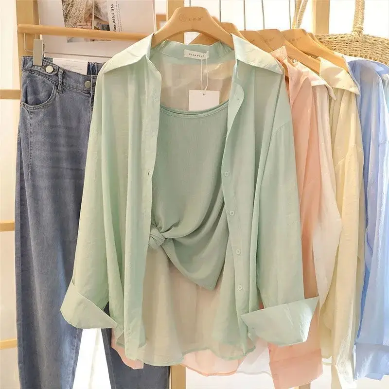 

Summer Women's Chiffon irt Thin Long Sve Sun Protection Versatile Collar Korean Sle Commute Faion Pure Color Po...