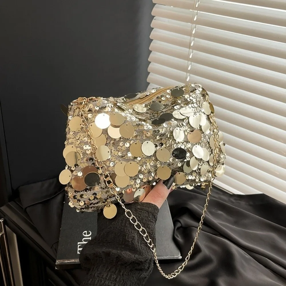

Portable Sequin Shoulder Bag Lightweight Solid Color Chain Crossbody Bag Large Capacity Female Handbag For Evening Party