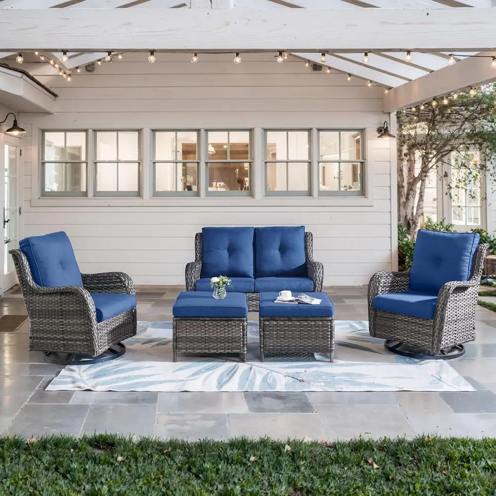 

5-Piece Outdoor Wicker Furniture Set with Swivel Rockers, Ottomans, and Loveseat in Gray and Blue