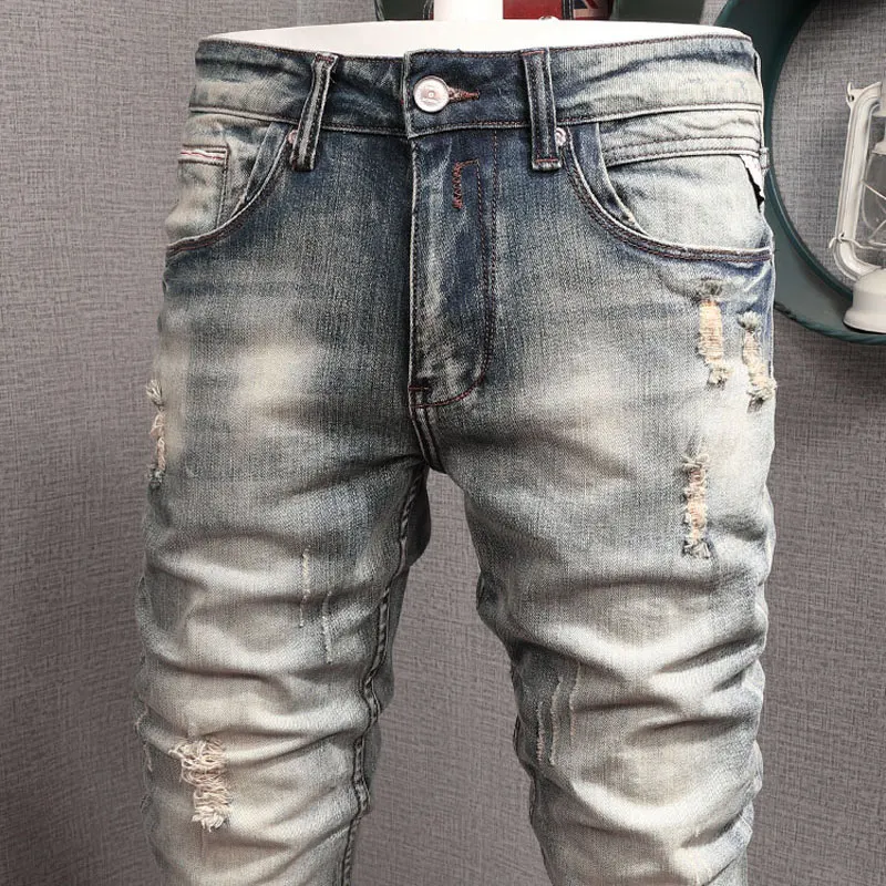 Newly Designer Fashion Men Jeans Retro Washed Elastic Stretch Slim Ripped Jeans Men Vintage Trousers Casual Denim Pants Hombre