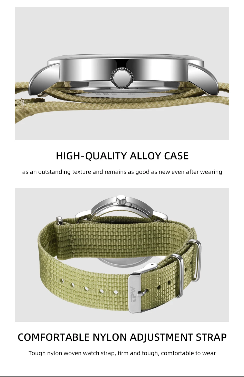 2026 TPW Felduhr Leicht ablesbares Stoffarmband 24-Stunden-Anzeige Quarzwerk Tagesfunktion – Detail 16