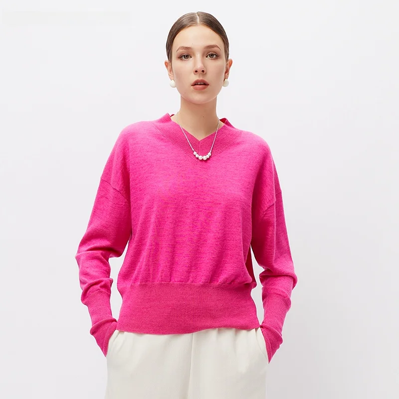 

Elegant V-Neck Knitted Sweater Pure Color Rose Red New Spring Women's Fashion Top Versatile Long Sleeve Cotton Wool Blend