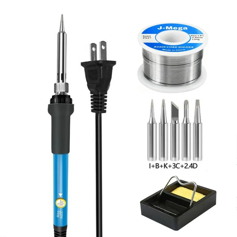60W Adjustable Temperature Welding pen Soldering Iron Kit Electronics (100g solder wire  5pcs iron tips  1pcs stand)