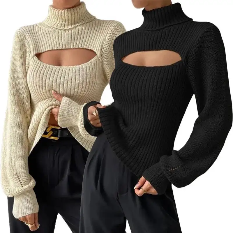 

"2026 Women's Sexy Knit Sweater - Slim Fit High Neck Hollow Out Pullover Winter Tight Crochet Top Elegant Party Wear"