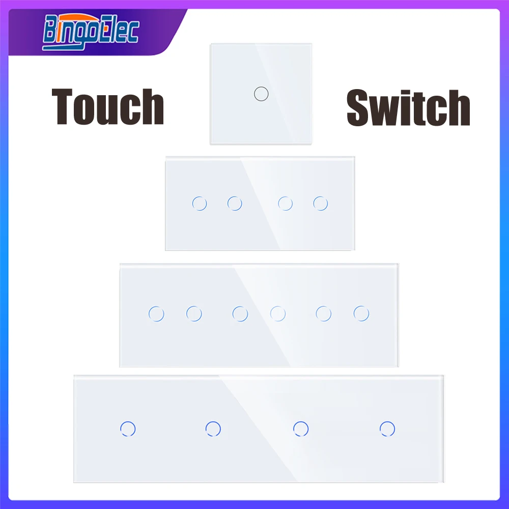 Bingoelec Touch Wall Switch Light Switches White Tempered Crystal Glass Panel 1/2/3/4gang Button AC100-240V Touch Interruptor