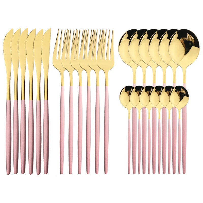 24Pcs Tableware Set Stainless Steel Dinnerware Knife Fork Spoon Western Flatware Kitchen Birthday Party Pink Gold Cutlery Set