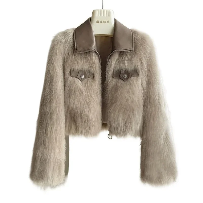 الربيع والخريف شيك تقسم التلابيب معطف الفرو فضفاض النساء الملابس رمادي فاتح تقليد الثعلب الفراء أفخم سترات قصيرة النساء بلايز