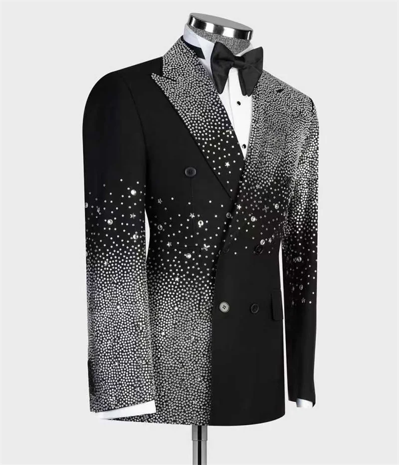 

Black Men Suit Set 2 Pieces Shiny Crystals Blazer+Pant Trousers Customized Formal Office Jacket Prom Groom Wedding Tuxedos Coat