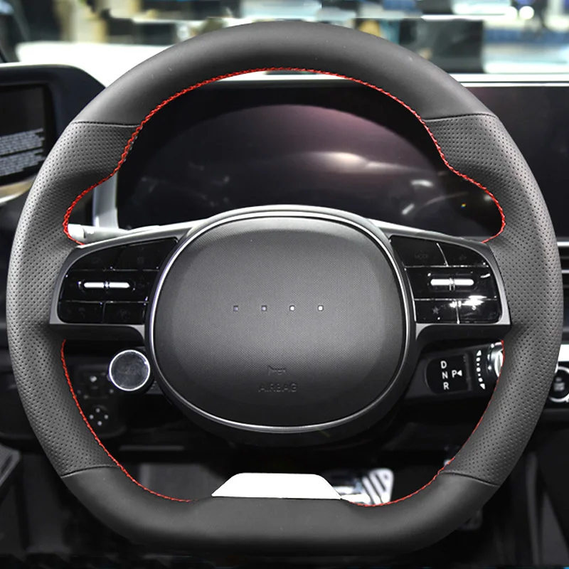 

DIY Black Leather Renovation Car Steering Wheel Cover Braid Red Stitching Interior for Hyundai IONIQ 5 IONIQ 6 2021 2022 2023