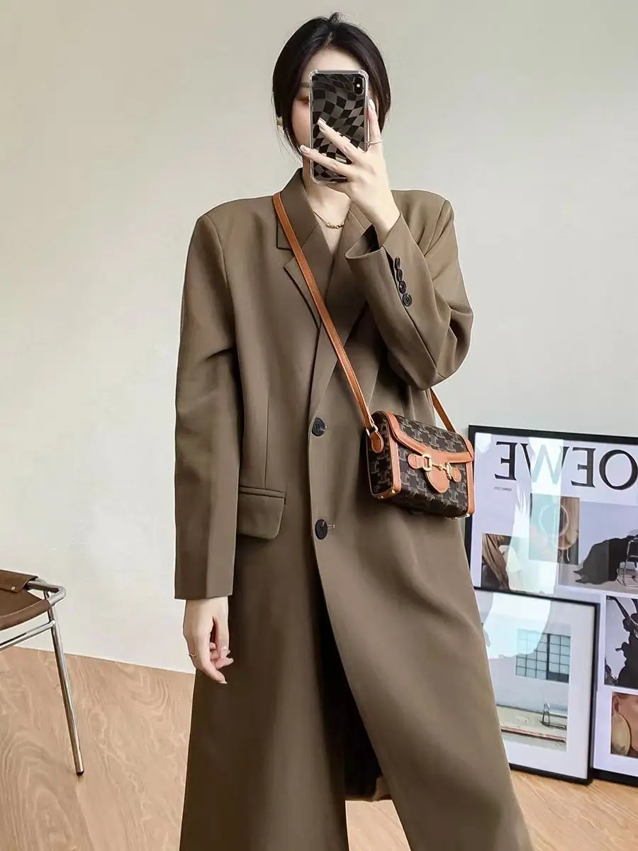 Long Blazers Women Loose England Style Cool Mature Chic Solid Temperament Outerwear Office Lady New Autumn All-match Fashionable