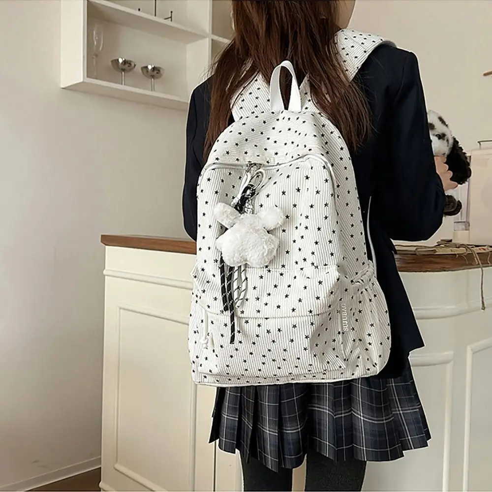 Multicolor Star Backpack Star Printed Large Capacity Lightweight School Bag Breathable Corduroy Shoulders Bag
