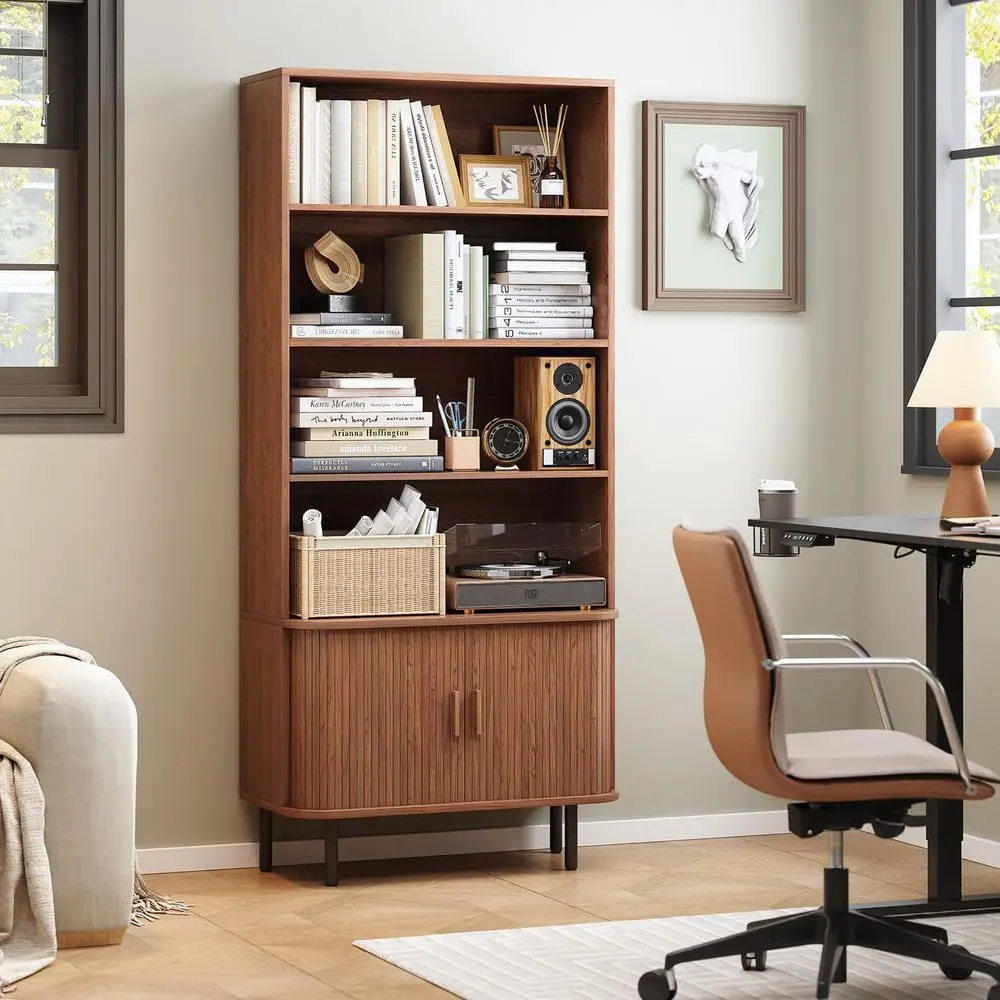 71 Tall Bookshelf, 4Tier Bookcase with Storage Cabinet amp Adjustable Storage Shelf, Freestanding Wood Bookshelf with Sliding D