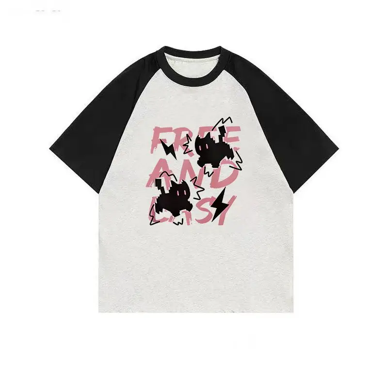 Cotton Contrasting Printed Short Sleeved T-shirt for Women Loose and Versatile with Shoulder Sleeves Sweet and Stylish Top