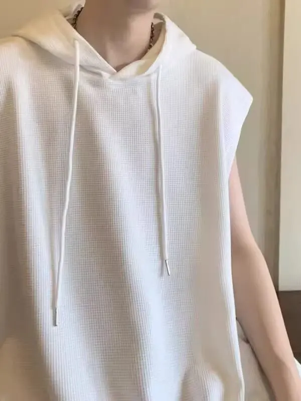 Loose Fit Men's Hoodie Vest Summer Trendy High Street Sleeveless Gym Fitness T-Shirt Standard Tailoring Non-Iron Treatment