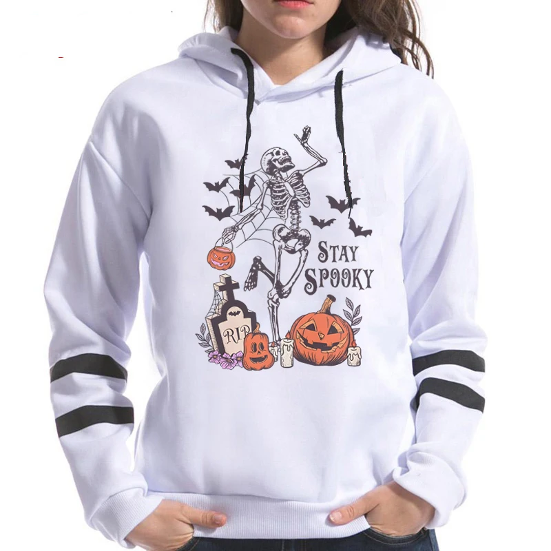 Stay Spooky Hoodies Women's Long Sleeve Casual Pullovers Skeleton Pumpkin Bat Printed Sweatshirts For Halloween