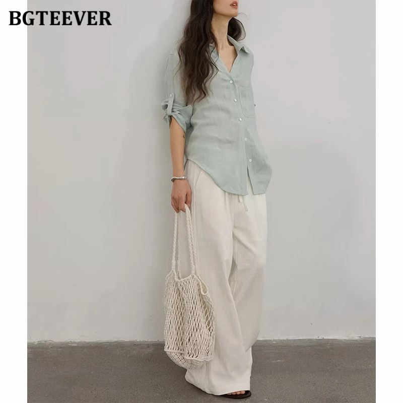 BGTEEVER Relaxed and Comfortable V-neck Linen Shirt for Women, Loose and Simple Long-sleeved Sun-protective Top