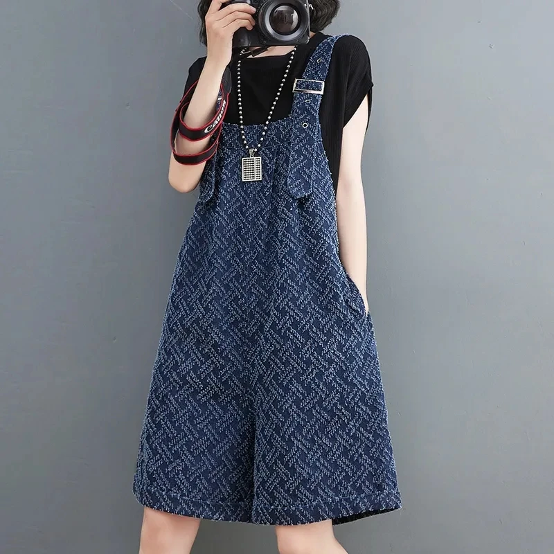 2026 Summer Fashion Jacquard Denim Jumpsuits For Women Loose High Waist Wide Leg Straps Shorts Ladies Casual Retro Jeans Rompers