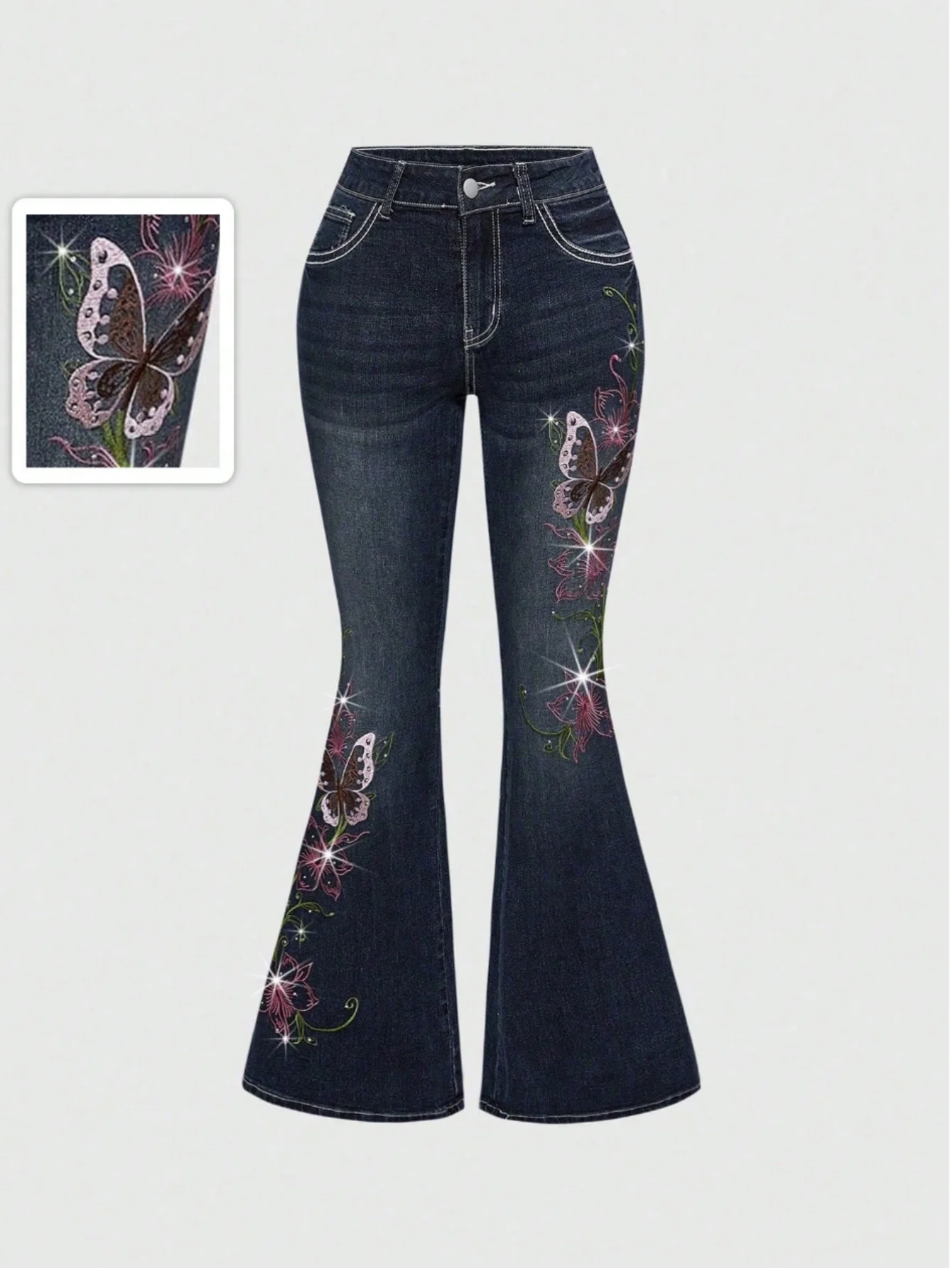 Women High Waist Y2K Vintage Flare Jeans Butterfly Vine Embroidery Rhinestone Denim Pants Girls Street Fashion Long Trousers